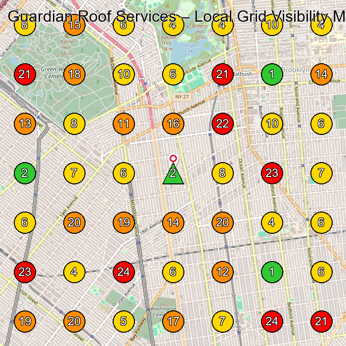 Guardian Roof Services Roofing Contractor GeoGrid ranking map for Brooklyn NY